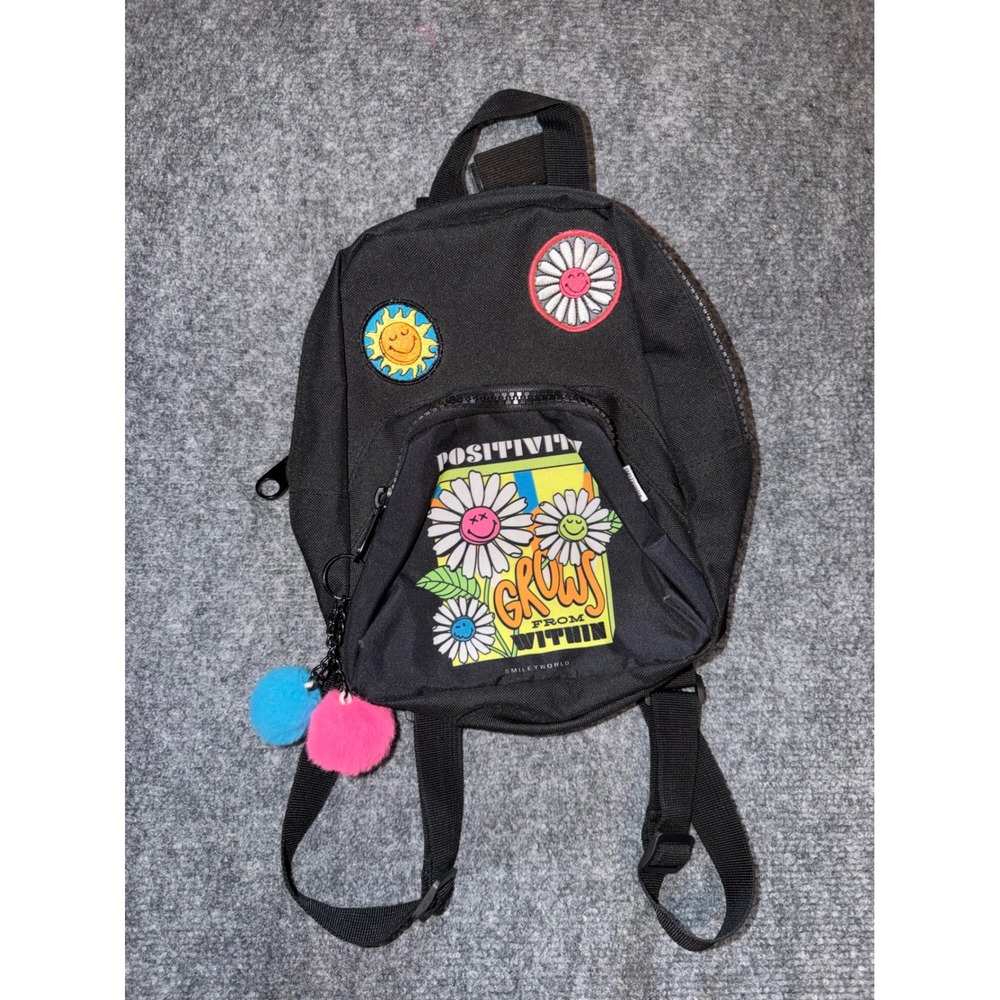 SmileyWorld Mini Backpack Black Daisy Smiley Face Y2K Retro Pom Pom Bag